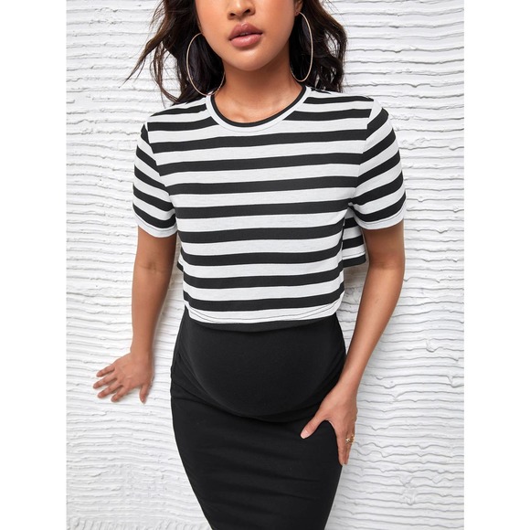 Maternity Striped Print short sleeve Tee midi Dress black white burgundy - Picture 8 of 8